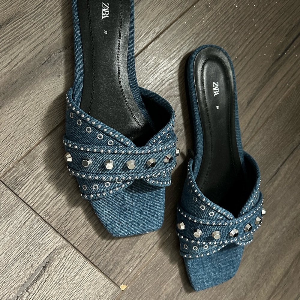 Zara Blue Denim Studded Women's Slide Sandals